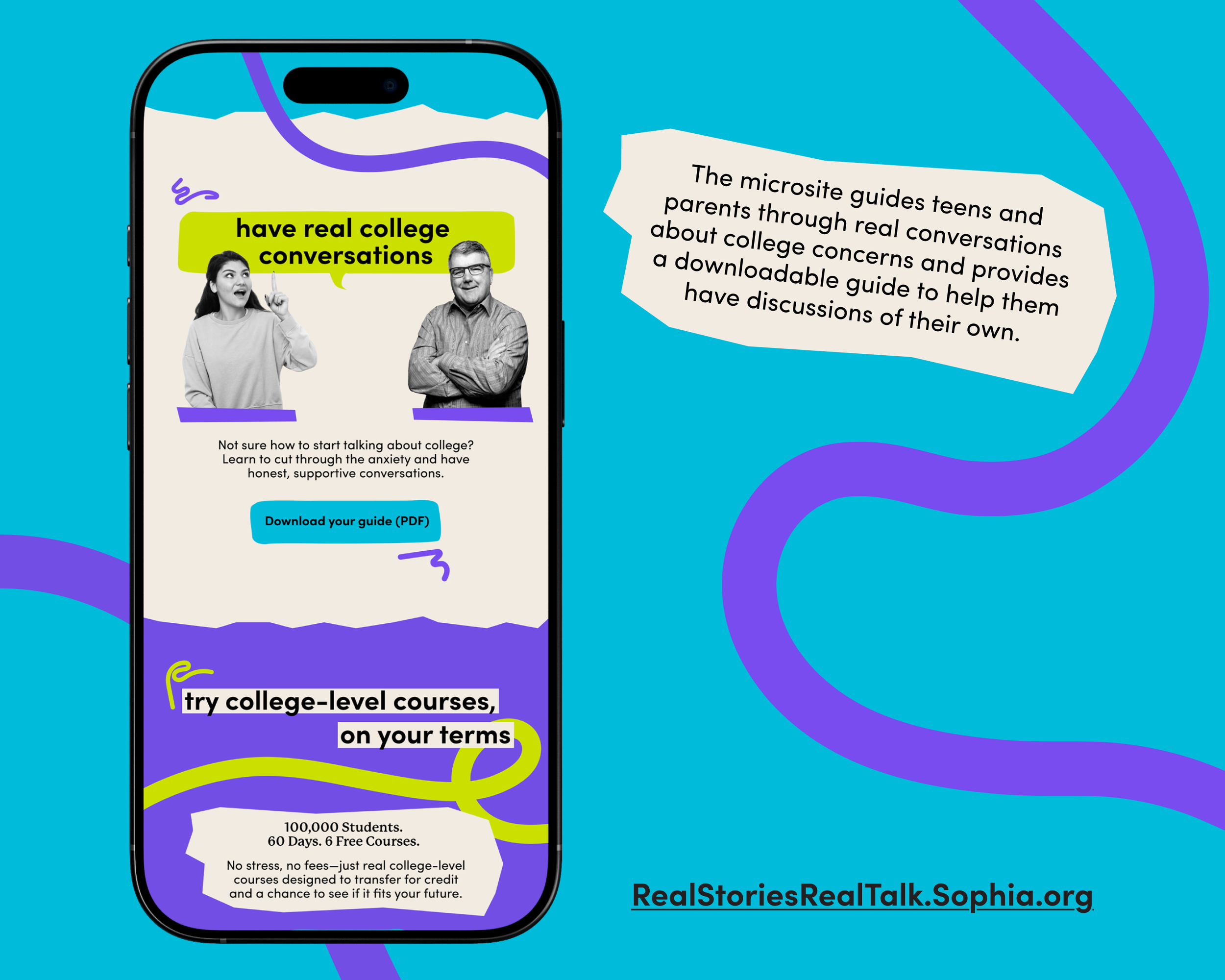 A mobile phone screen displaying a microsite that guides teens and parents through college conversations.