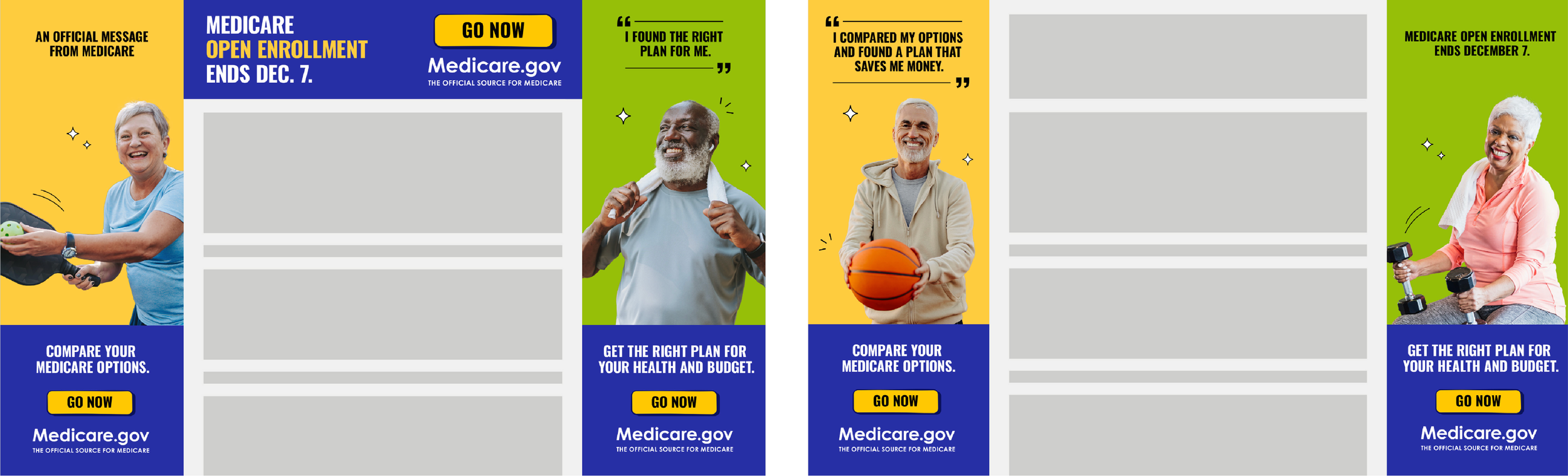 A colorful Medicare open enrollment advertisement with images of senior adults engaging in physical activities. The ad highlights deadlines and encourages viewers to compare Medicare options at Medicare.gov, with calls to action like 'Go Now' and informational quotes.