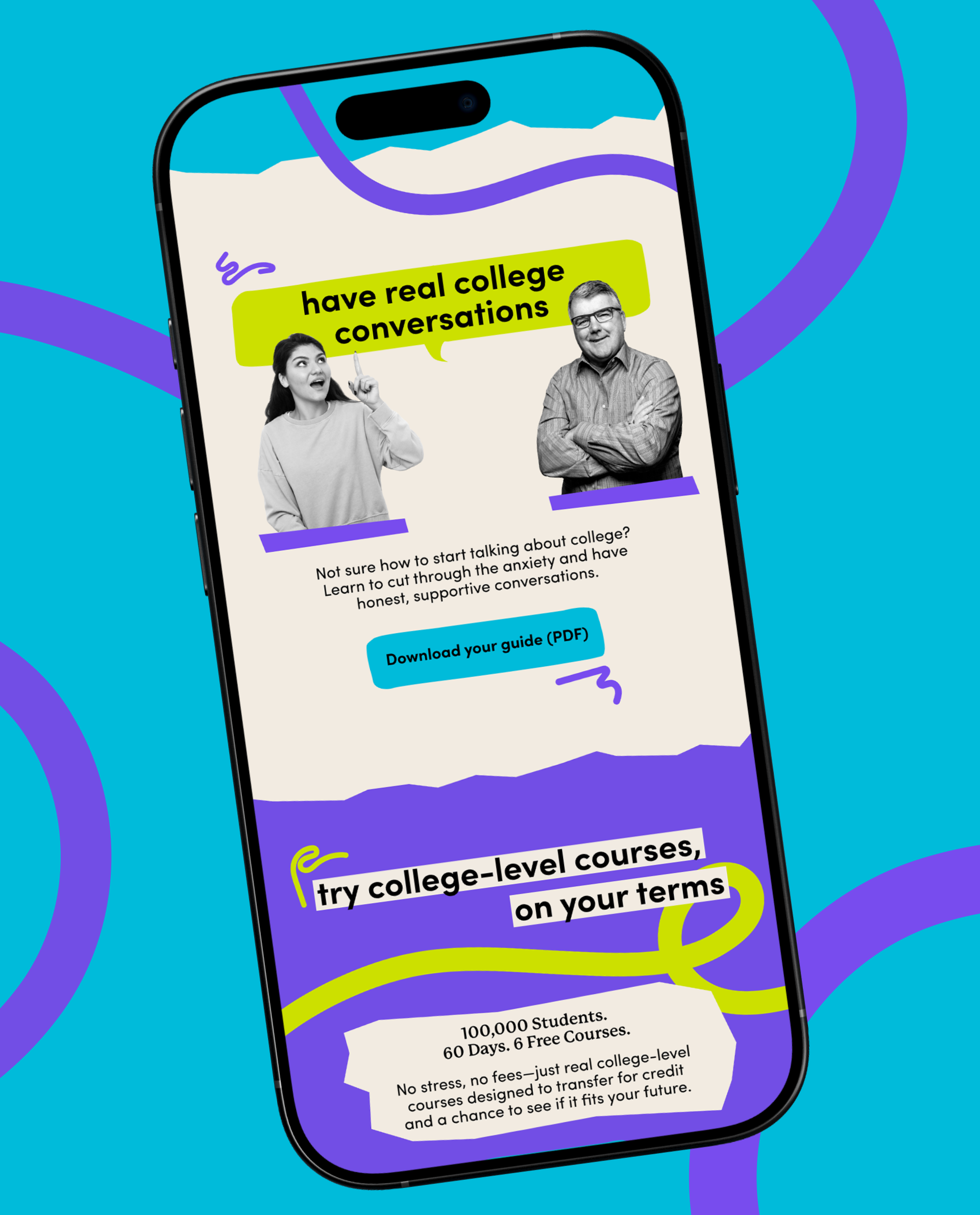 A smartphone screen displaying a website about college courses, with text providing information and a download button for a guide PDF. The background features blue, purple, and teal abstract shapes.