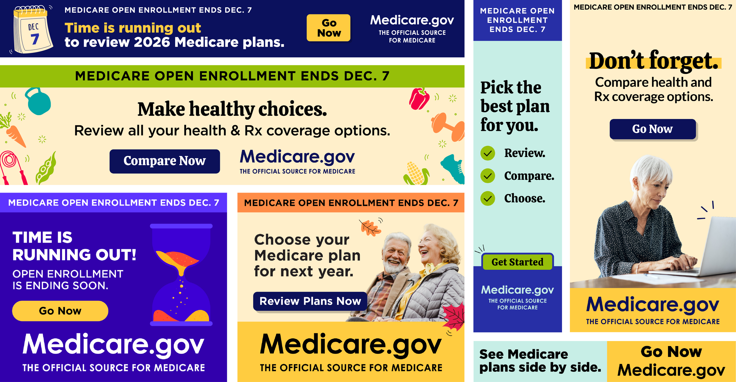 A colorful infographic about Medicare open enrollment ending on December 7, with various sections highlighting the importance of reviewing health and Rx coverage options, choosing a plan, and reminding to compare and get started for the 2026 coverage.
