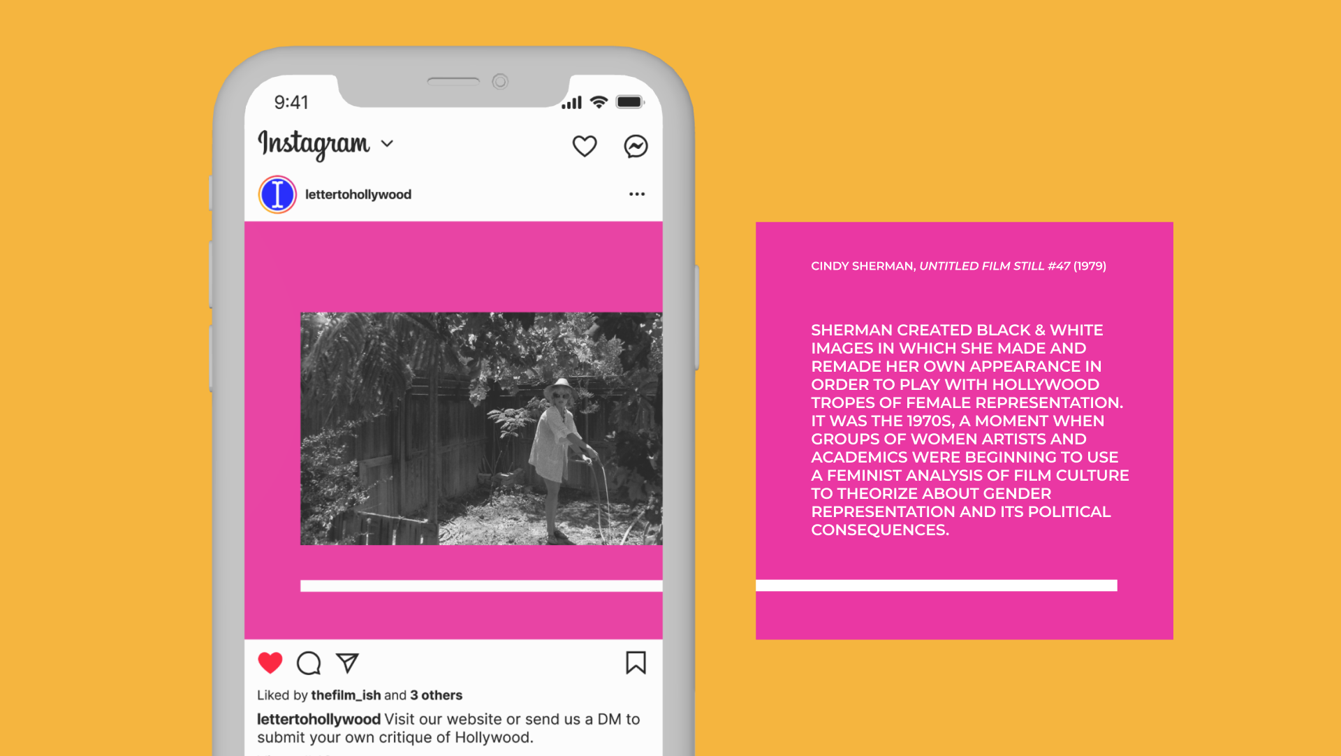 A smartphone displaying an Instagram post with a black-and-white photo of a woman watering a garden, dressed in light clothing and a wide-brimmed hat, with a pink background and text discussing Cindy Sherman's film work and feminist film theory.