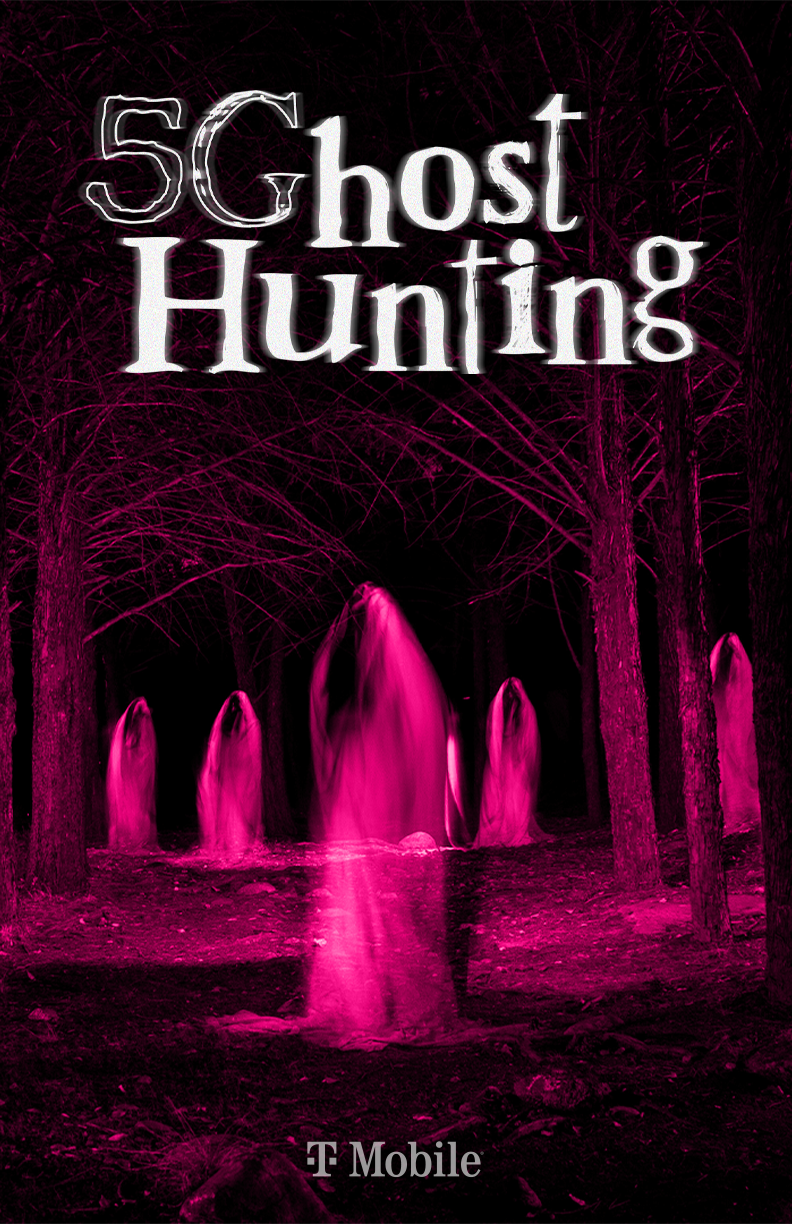 Faint ghostly figures in a dark, wooded area illuminated in pink, with the text '5Ghost Hunting' at the top and 'T Mobile' logo at the bottom.