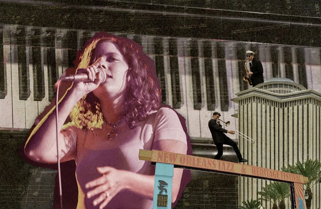 A collage of a large cutout of a woman singing into a microphonen front of a piano keyboard background. Two small musicians, one with a saxophone and the other with a trombone, are on a platform above the woman cutout. The platform has a sign that reads "New Orleans Jazz & Heritage Festival" and is decorated with palm trees.