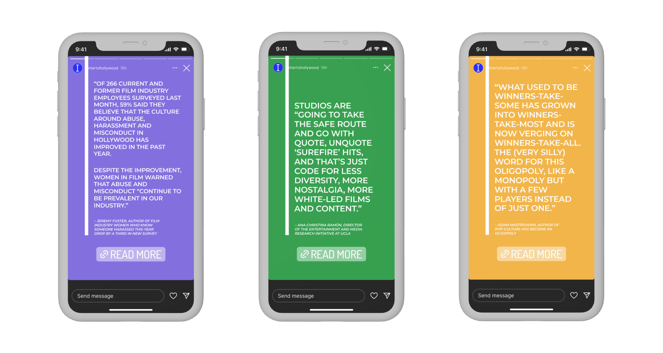 Three smartphone screens displaying social media posts with quotes and read more buttons, each in different colors: purple, green, and yellow.