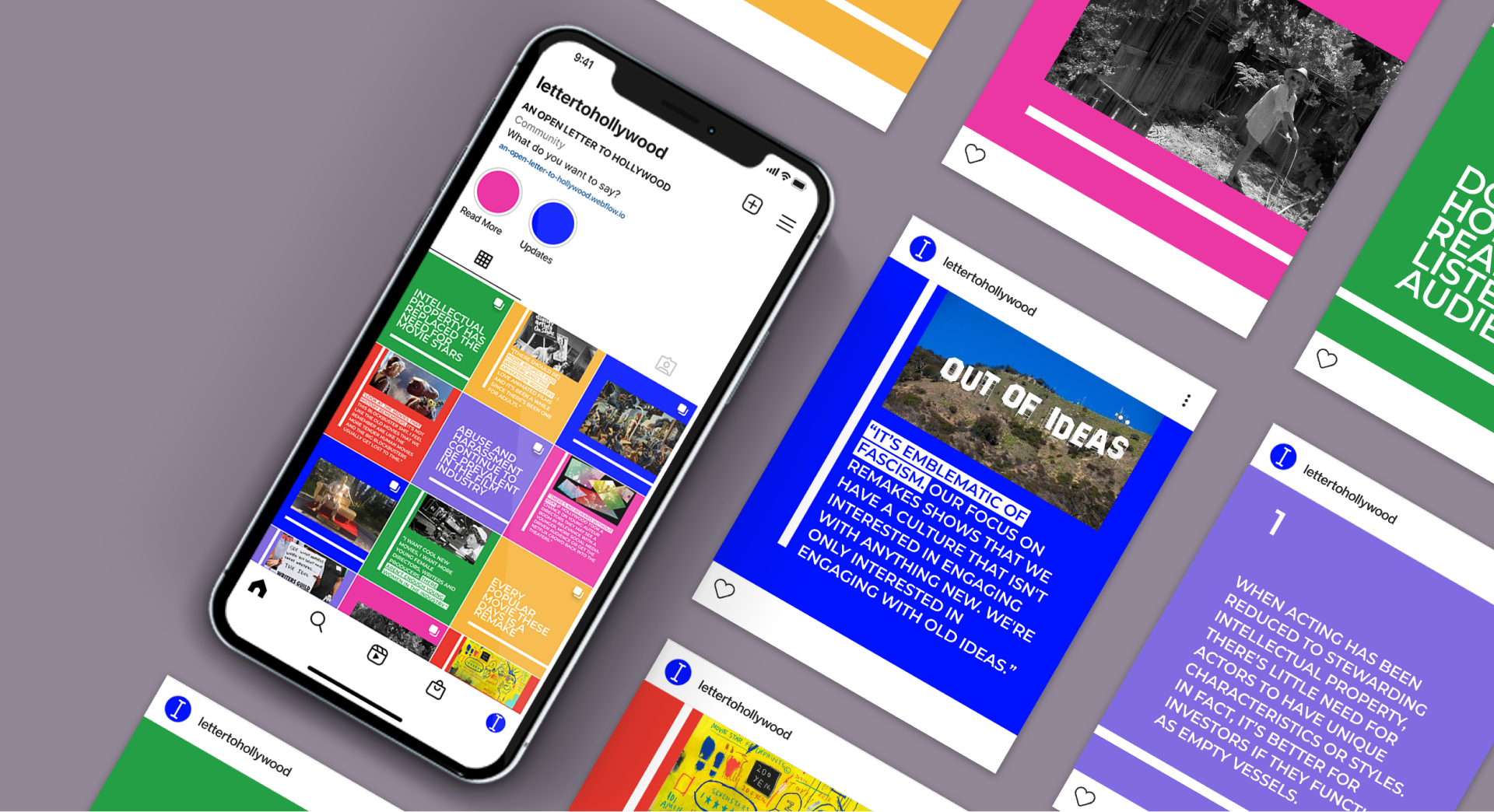 A smartphone displaying an Instagram profile called 'lettertohollywood', surrounded by colorful social media posts laid out on a light purple background.