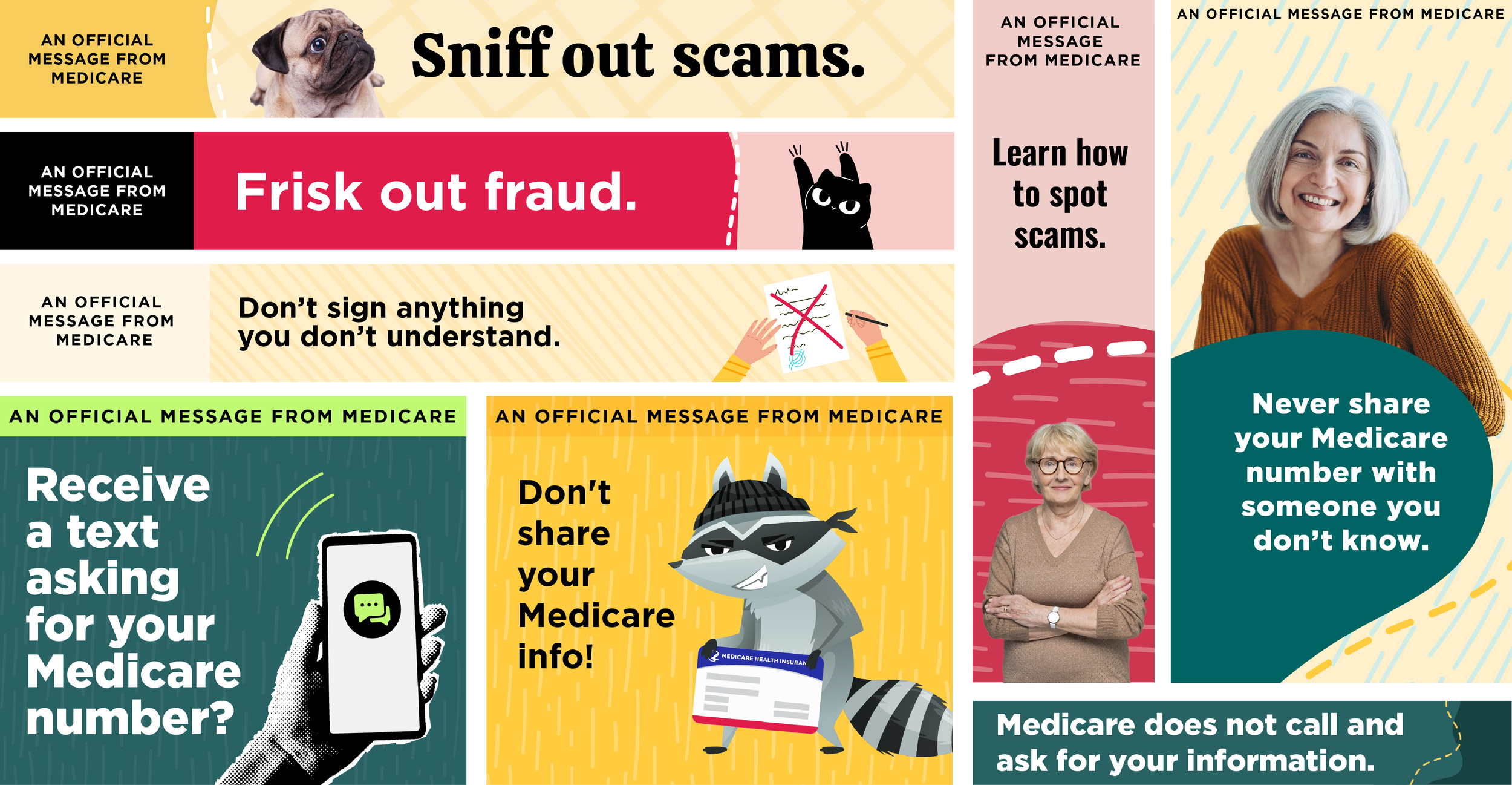 Infographic with various messages and illustrations about Medicare scams and fraud prevention, including a puppy, a cat, a raccoon, and photos of women, emphasizing tips like never sharing your Medicare number and not signing anything you don't understand.
