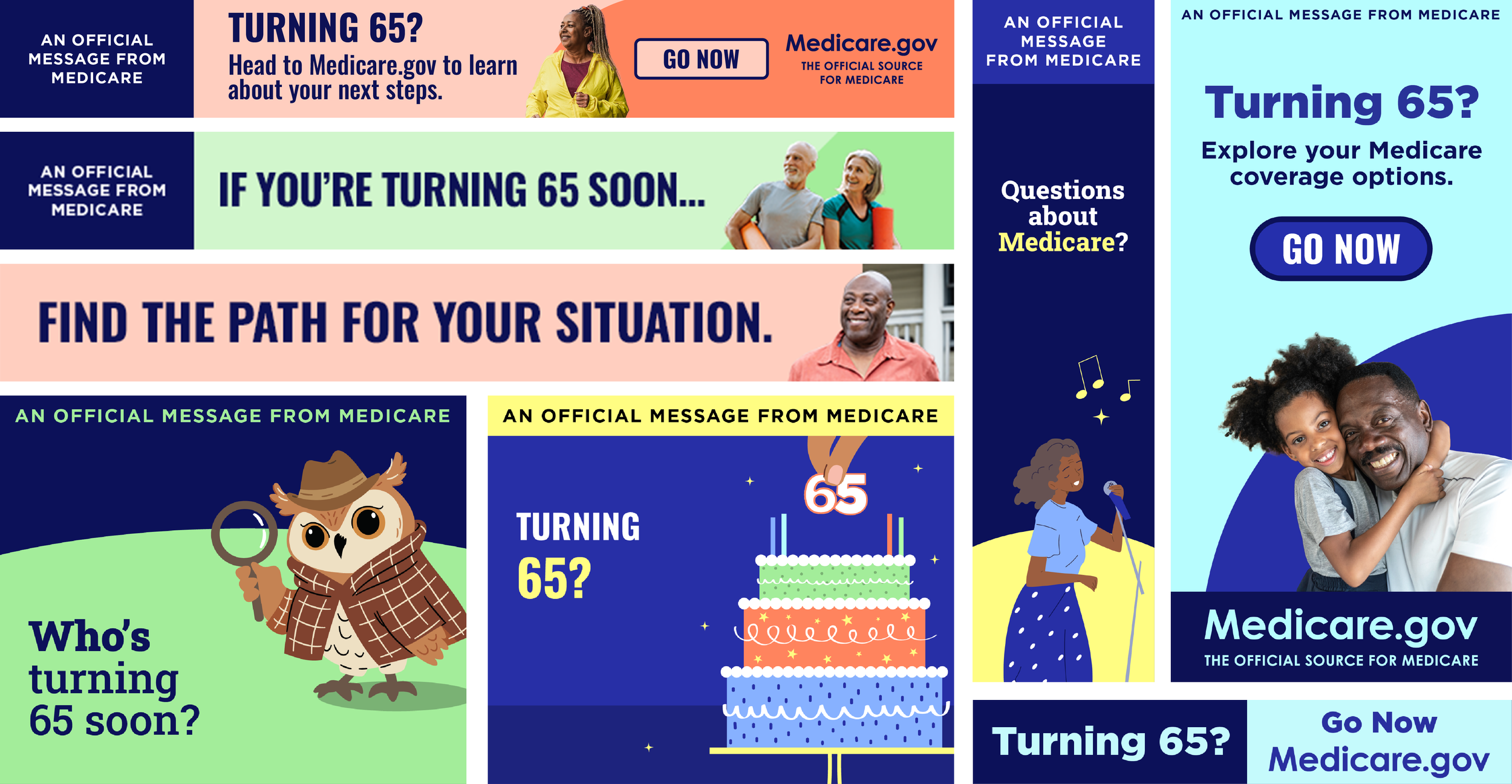 Collection of informational graphics and advertisements turning 65 and Medicare. Features an elderly woman with braids, a happy couple, an owl with a magnifying glass, and a birthday cake, with prompts to learn about Medicare options and next steps.