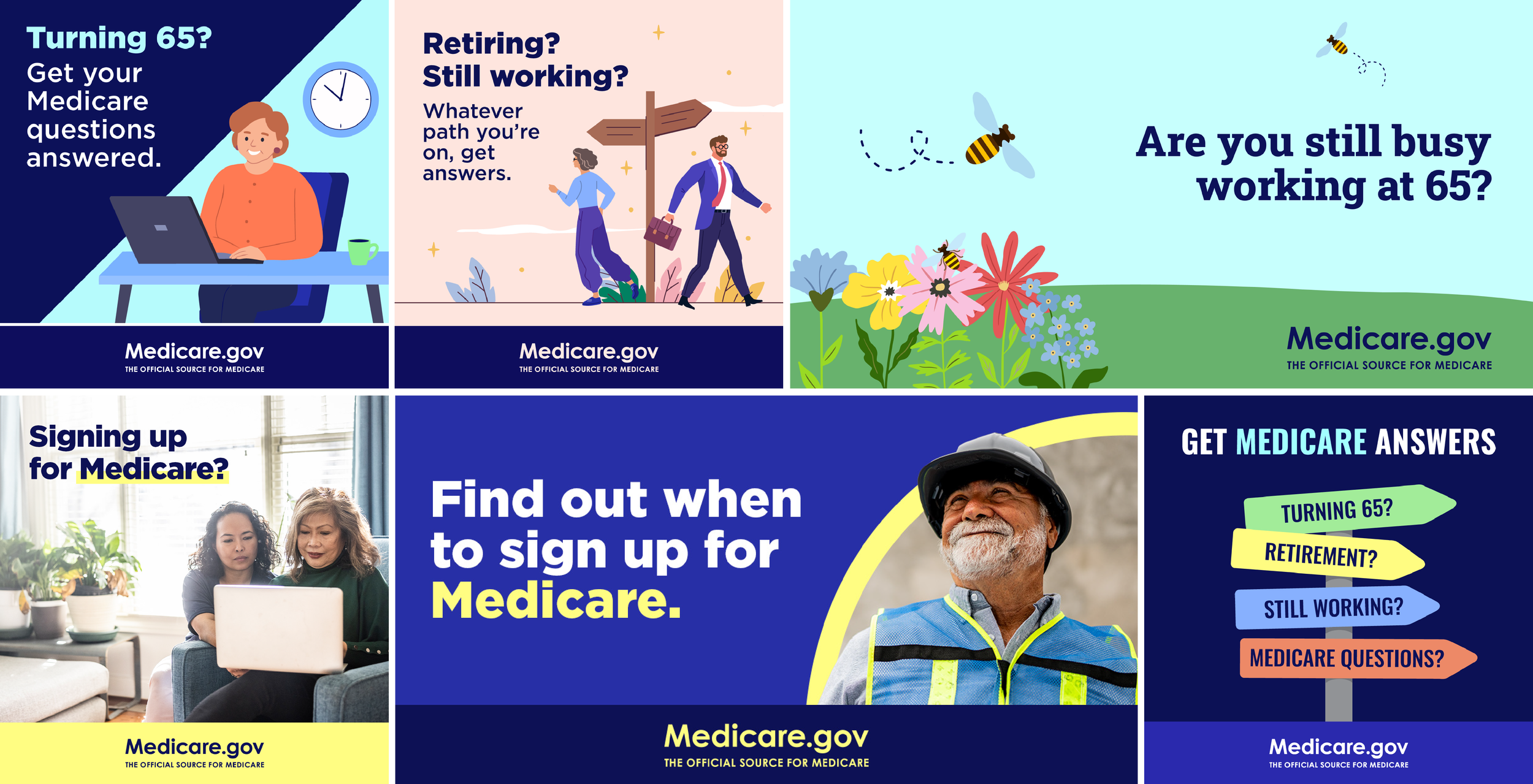Collection of informational graphics and advertisements about Medicare, including questions about turning 65 or retiring, signing up for Medicare, and getting answers from Medicare.gov. The images include illustrations of people, flowers, bees, and a person in safety gear.