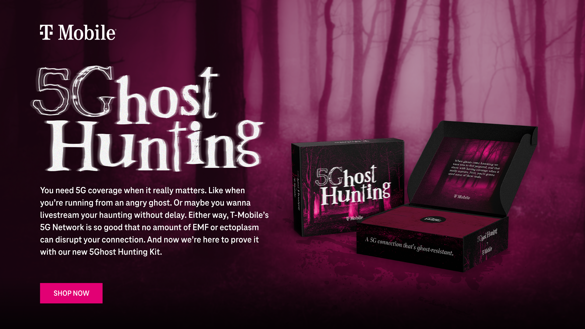 T-Mobile's 5G Ghost Hunting Kit. The background features a pink and purple misty forest scene. There is a box and a portable device with ghostly forest imagery and the text, "When ghosts come knocking we want you to be prepared, and that starts with having coverage when it really matters. Next, you're gonna need some of these tools." The box and device are part of the kit to prove 5G network is ghost-resistant.