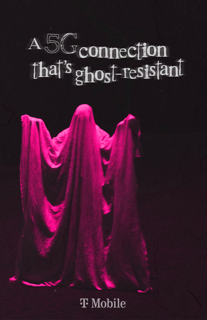 Night scene with a figure covered by a pink draped cloth and a promotional text about 5G connection from T-Mobile.
