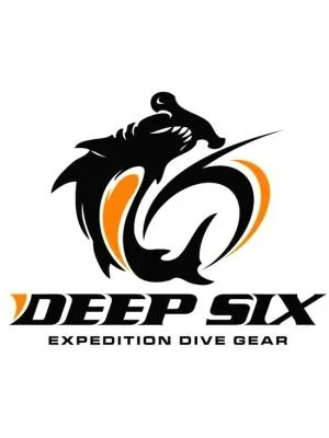 Logo for Deep Six Expedition Dive Gear featuring a stylized black and orange fish with a diver silhouette