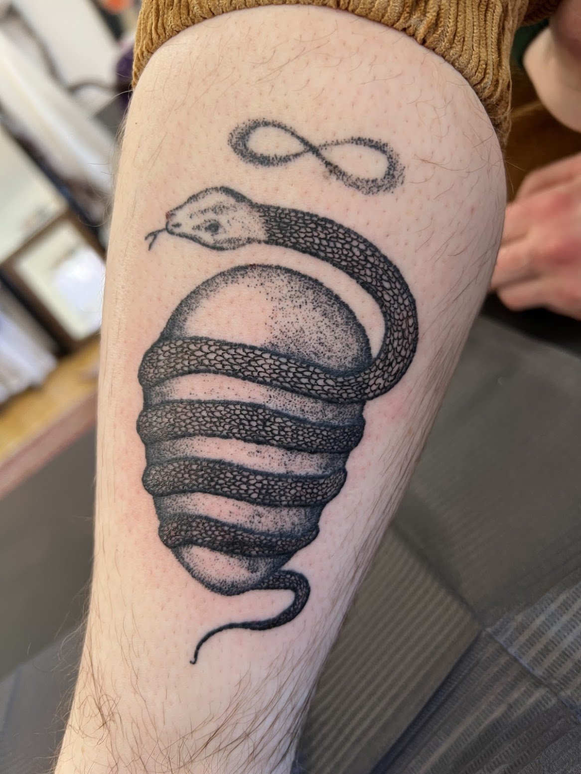 Black ink tattoo of a snake coiled around an egg, with an infinity symbol above it.