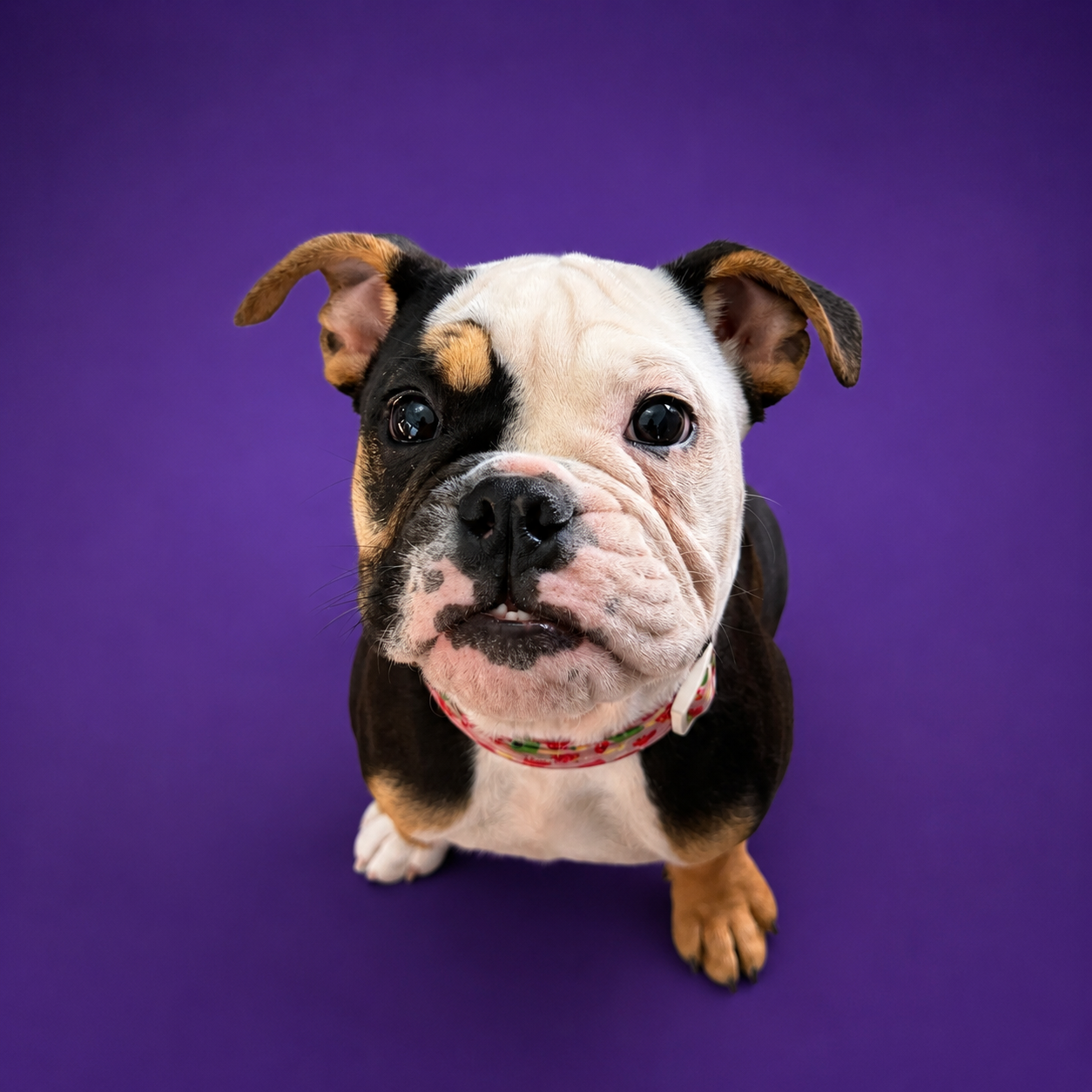 Adorable bulldog puppy with floral collar