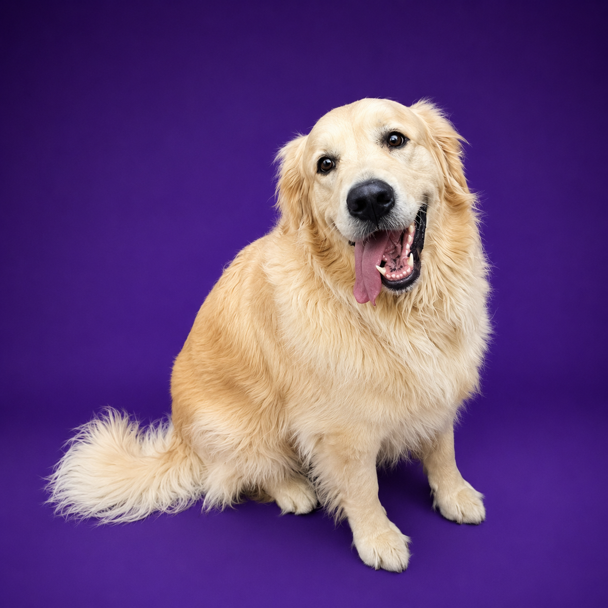 Happy golden retriever on purple backdrop
