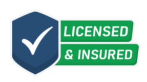 Shield icon with checkmark and the text 'Licensed & Insured' on a green and blue background.