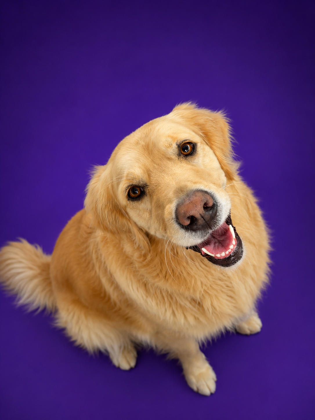 A small, dark-colored dog with curly fur and light-colored patches, looking upward against a black background.