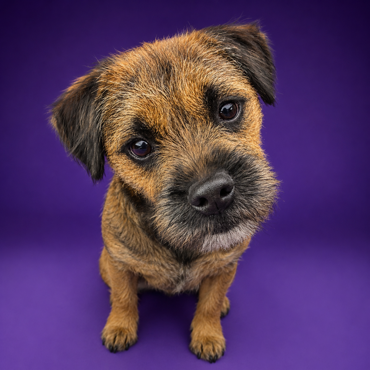 Curious terrier on purple backdrop