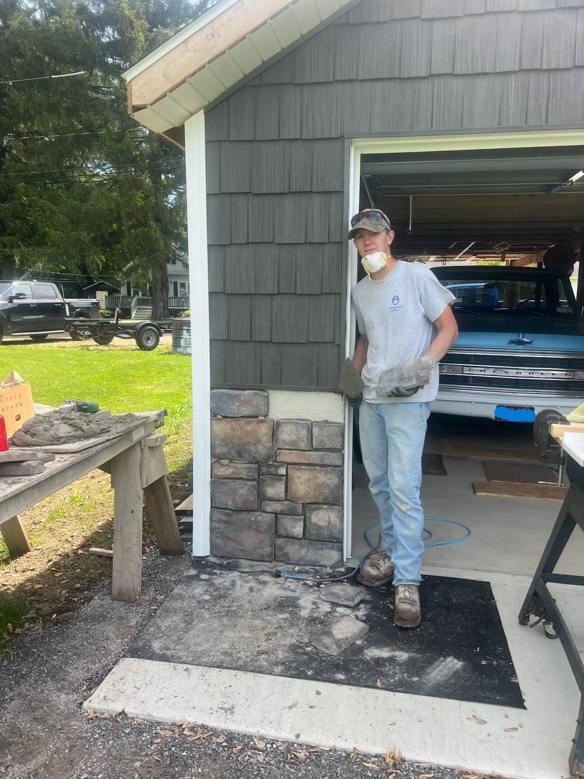 Cultured veneer stone work in progress in Rushford, NY.