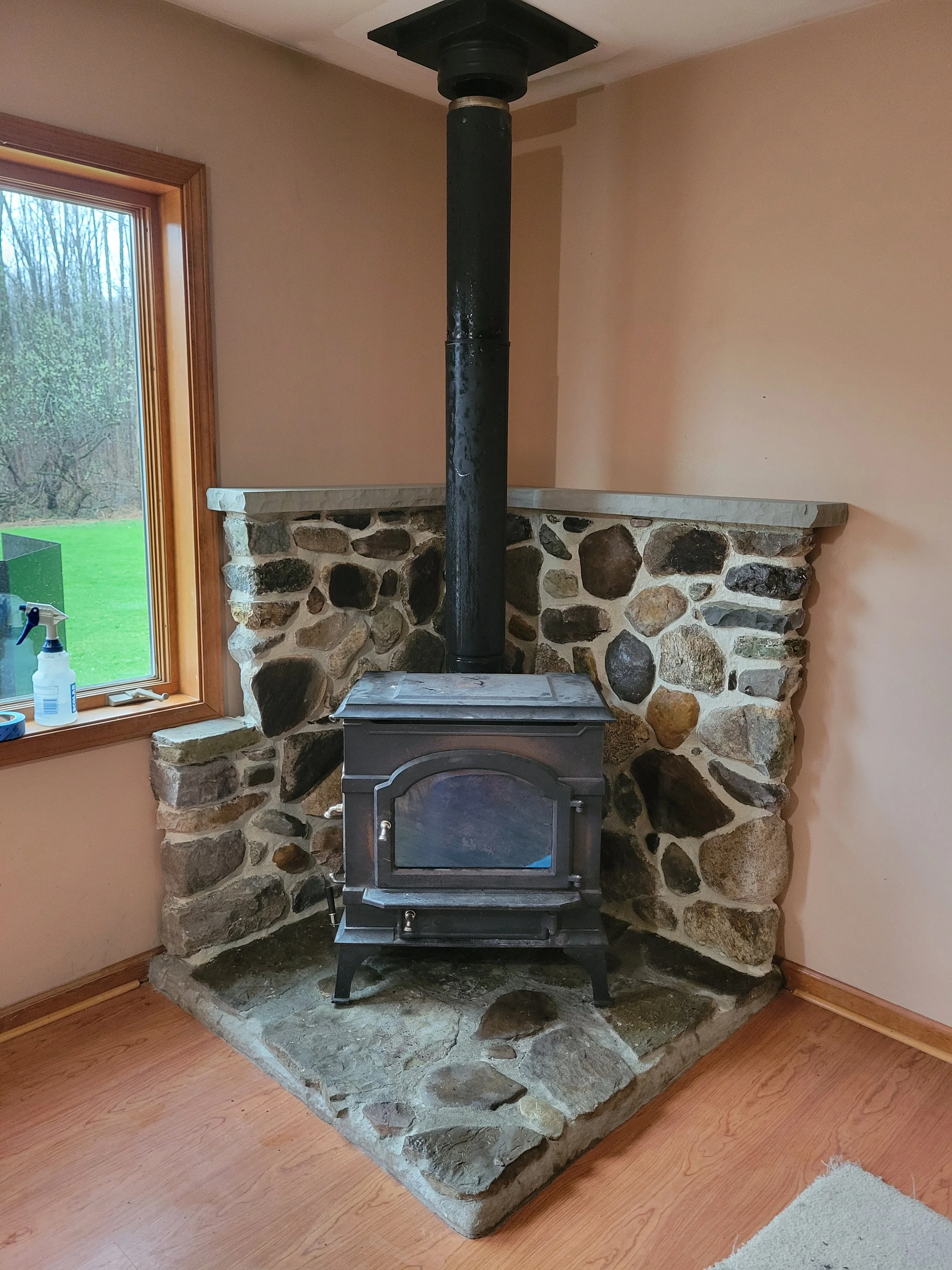 Woodstove stone work in Wales NY, (after).