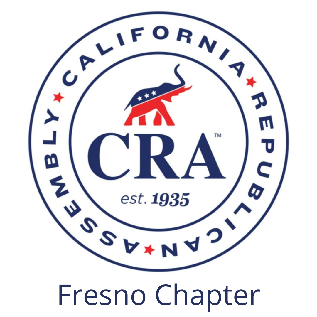 Circular logo with the text 'California Republic' and 'Assemble' around the border, a stylized elephant in red, white, and blue, with 'CRA' and 'est. 1935' in the center, and 'Fresno Chapter' below.