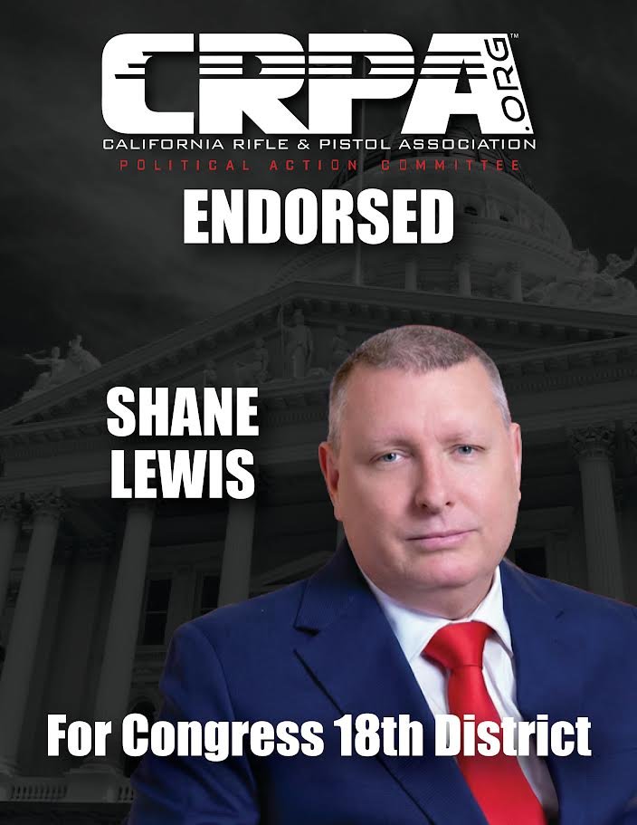 Endorsement poster for Shane Lewis, Republican candidate for Congress in the 18th District, endorsed by CRPA, featuring a portrait of Shane Lewis in a suit and red tie, with a background of the Capitol building.