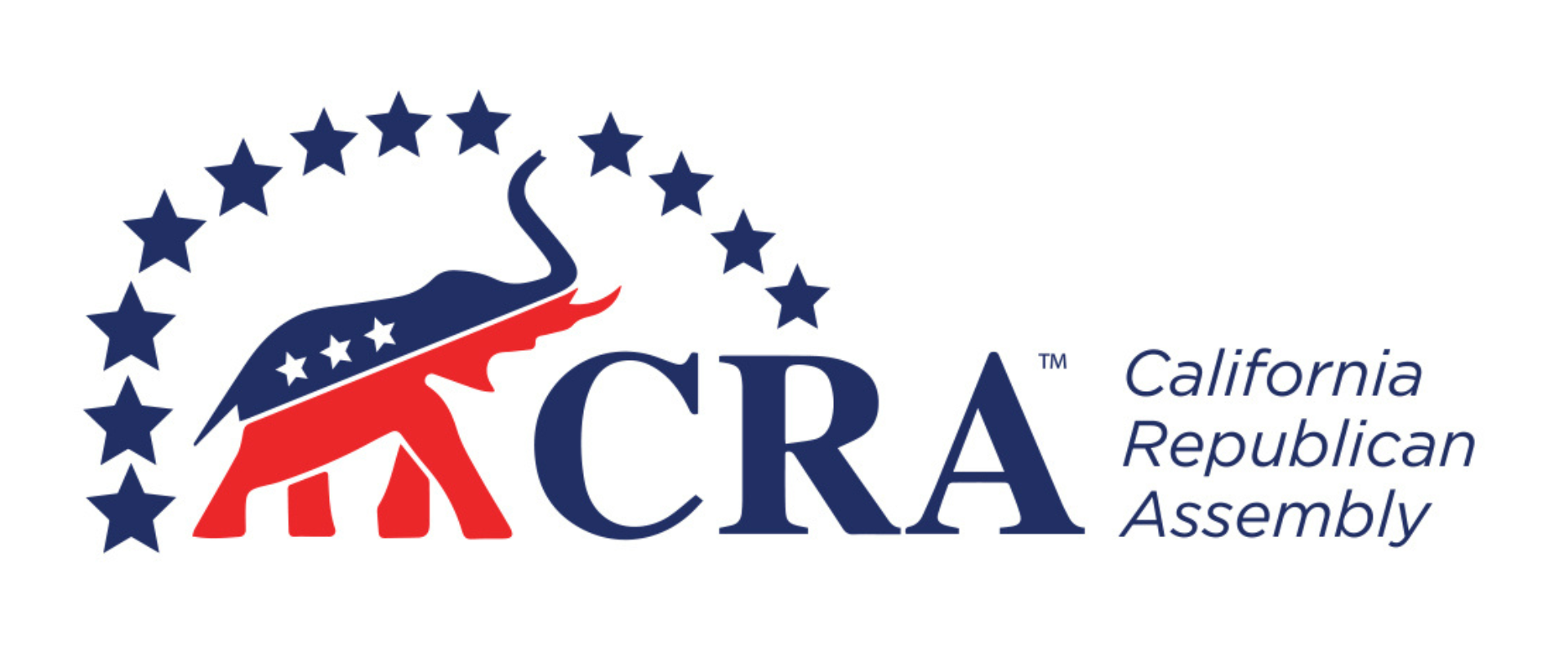 Logo for California Republican Assembly featuring a stylized elephant with stars inside and the acronym CRA, along with the text "California Republican Assembly" in blue.