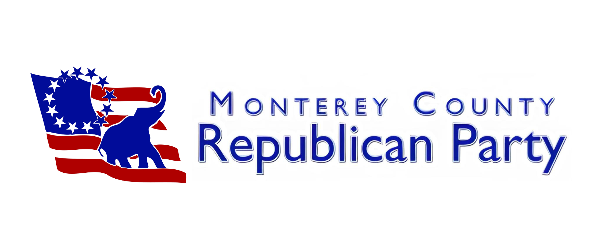 Logo of the Monterey County Republican Party featuring an American flag with a blue elephant silhouette and the party's name in blue text.