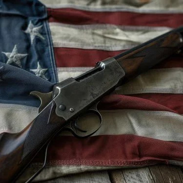 A shotgun placed on an American flag.