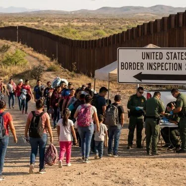 Group of people, including children, waiting at the US border inspection station near a border wall.