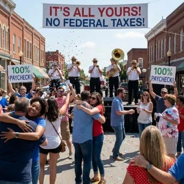 Crowd of people celebrating on a street with a band playing under a banner that reads 'It's all yours! No federal taxes!' and signs promoting '100% paycheck'.