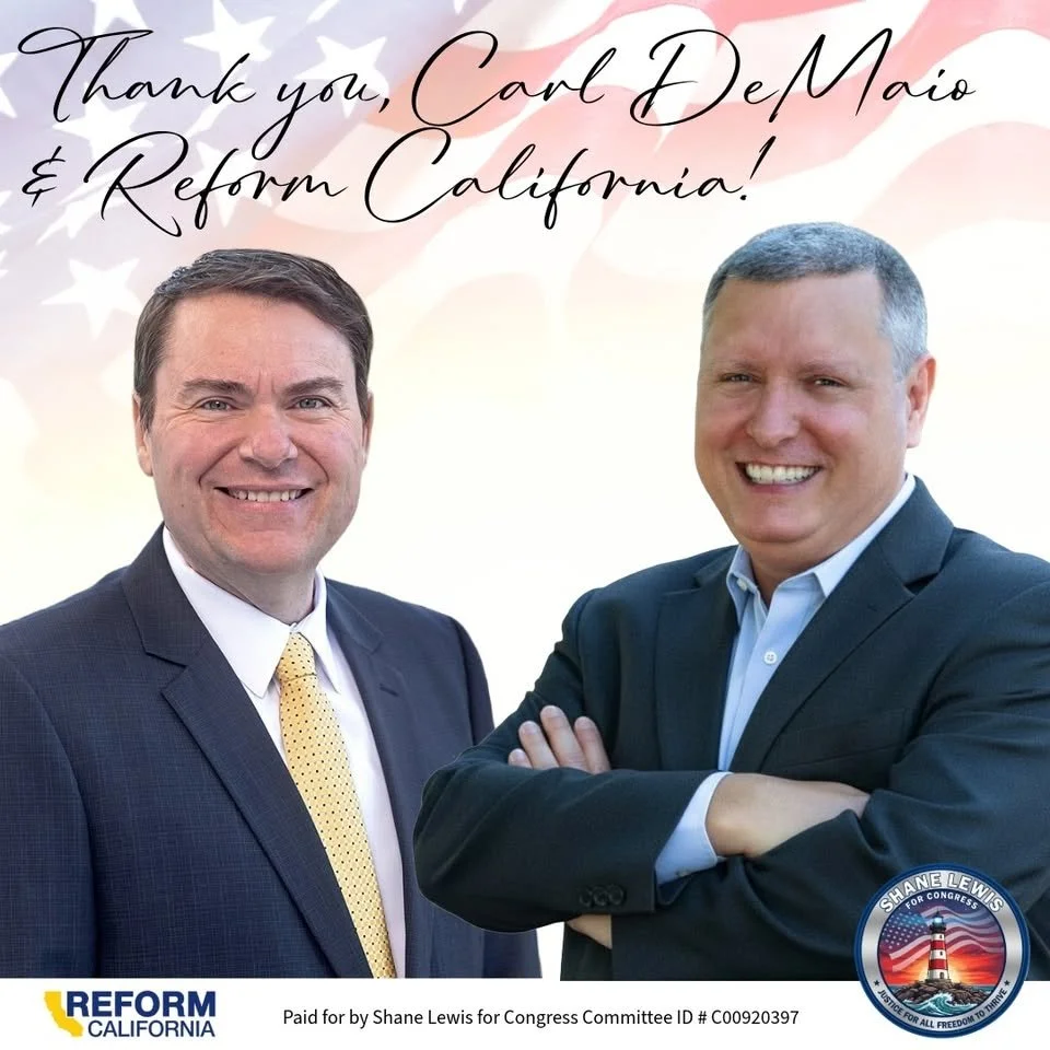 Two men in suits smiling in front of an American flag background with text thanking Carl DeMaio and Reform California.