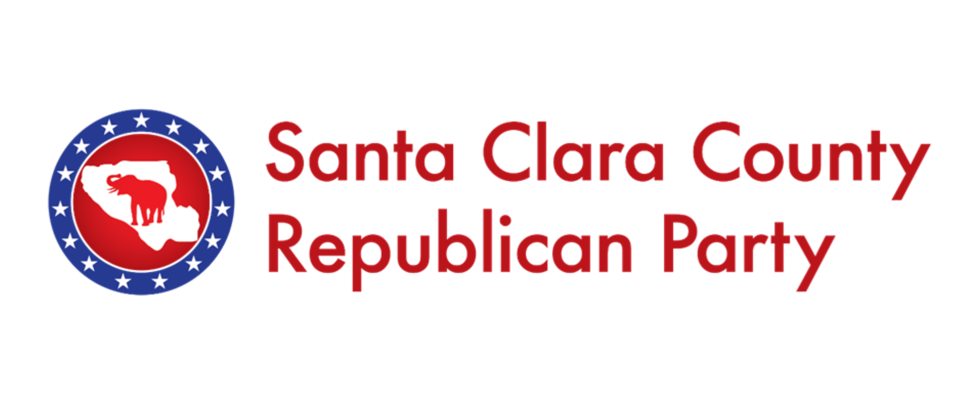 Logo of Santa Clara County Republican Party featuring a red elephant silhouette inside a red map of Santa Clara County, surrounded by a blue circle with white stars.