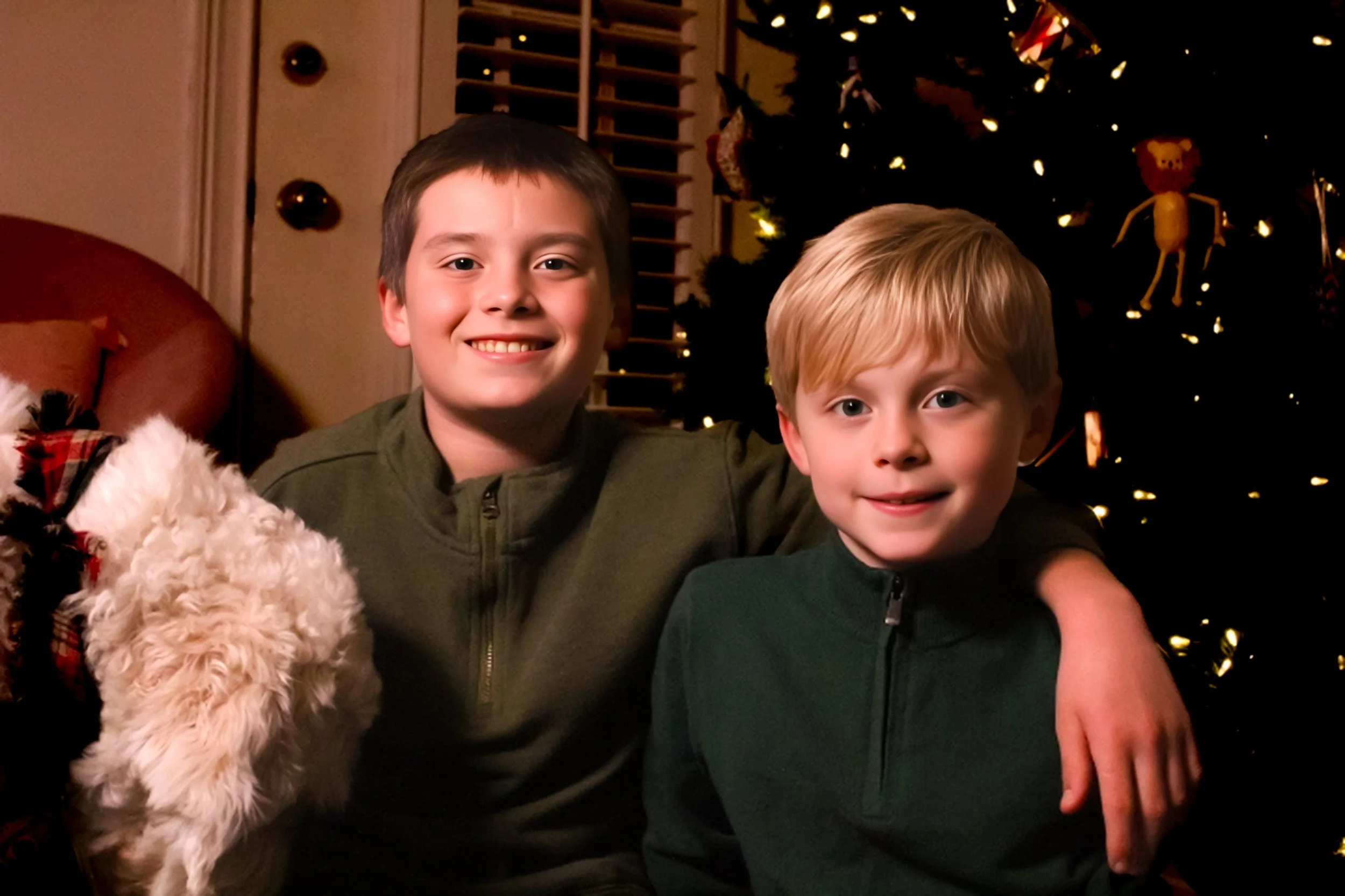 Two boys sitting close together on a couch with a Christmas tree in the background. The older boy has dark hair, and the younger boy has blond hair. The Christmas tree is decorated with lights and ornaments.