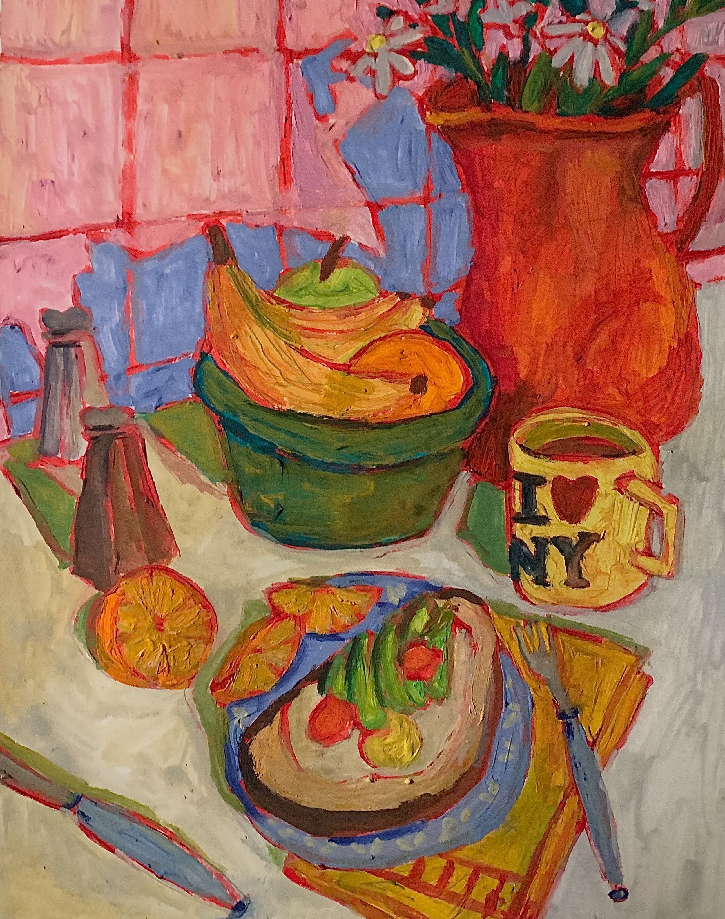 Pink Tile Kitchen, 9x12 in., gouache on bristol