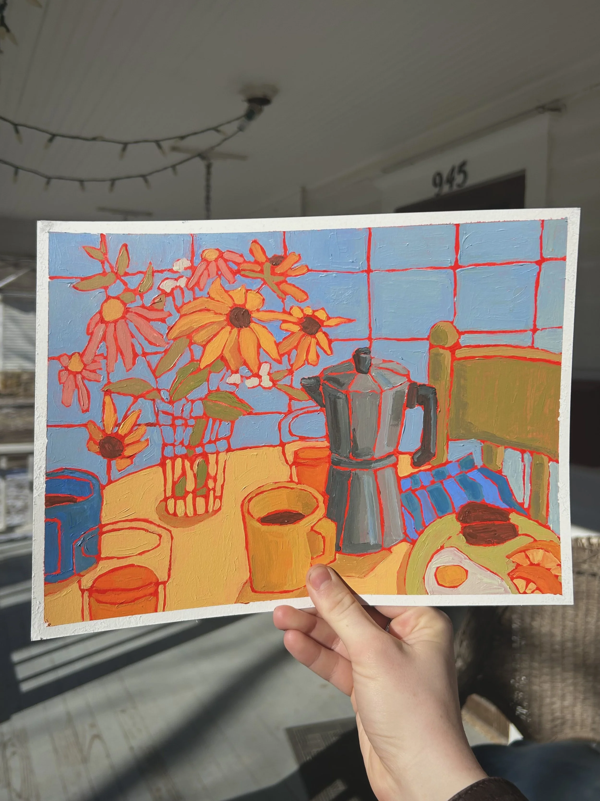 Wildflowers on the Breakfast Table, 12x9 in., acrylic on paper