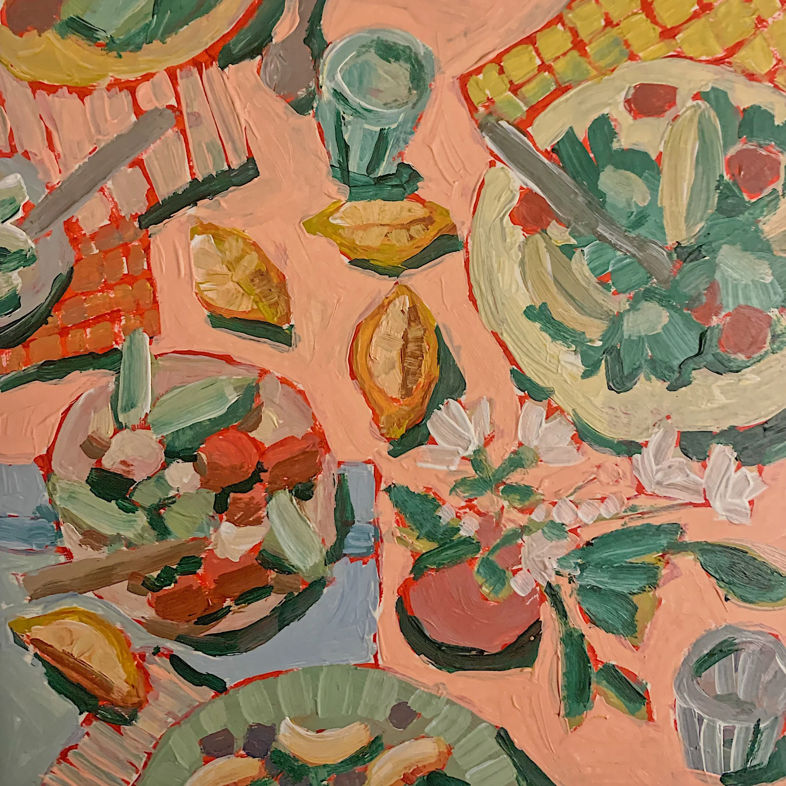 Dinner with Greens, 10x10 in., acrylic on bristol