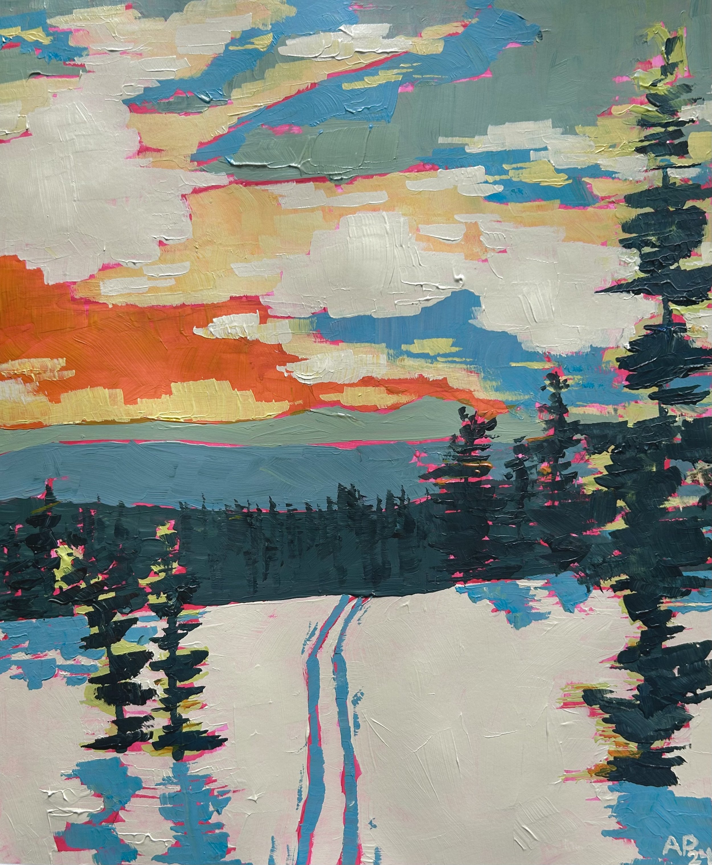 Sunset Ski, 16x20 in., acrylic on bristol