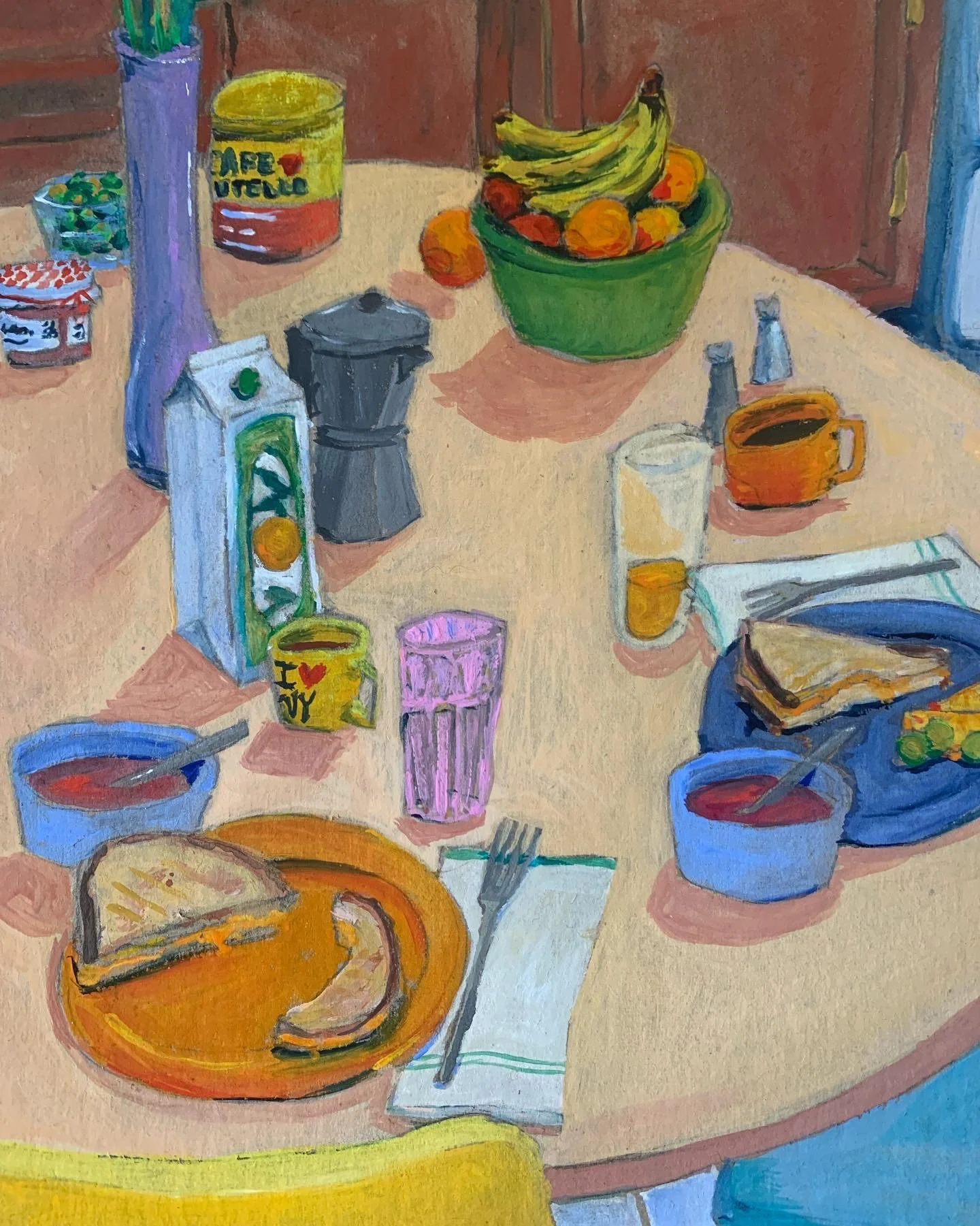Grilled Cheese & Orange Juice & Tomato Soup, 9x12 in., gouache on chipboard