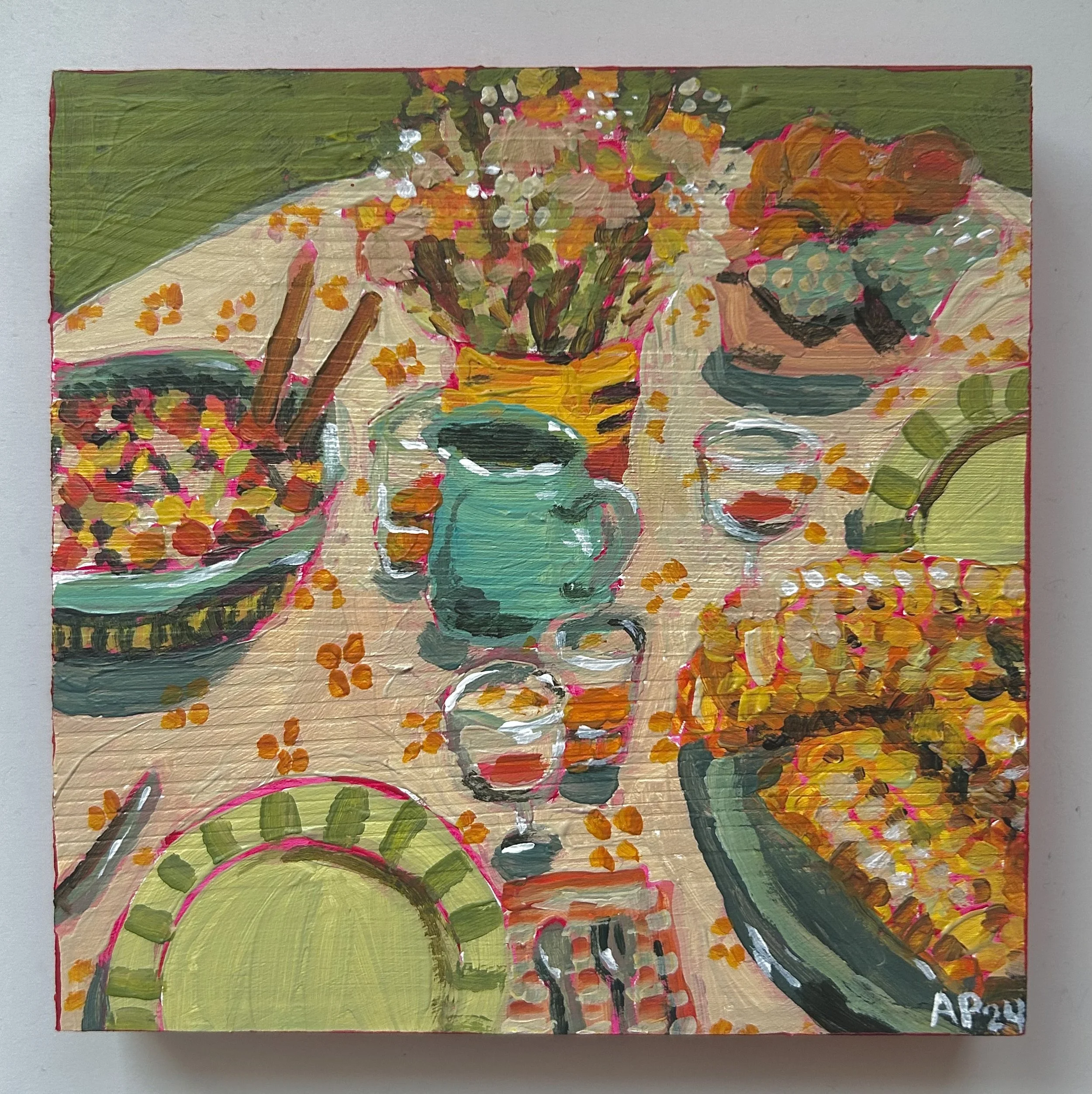 Dinner in Spring, 5x5 in., acrylic on wood