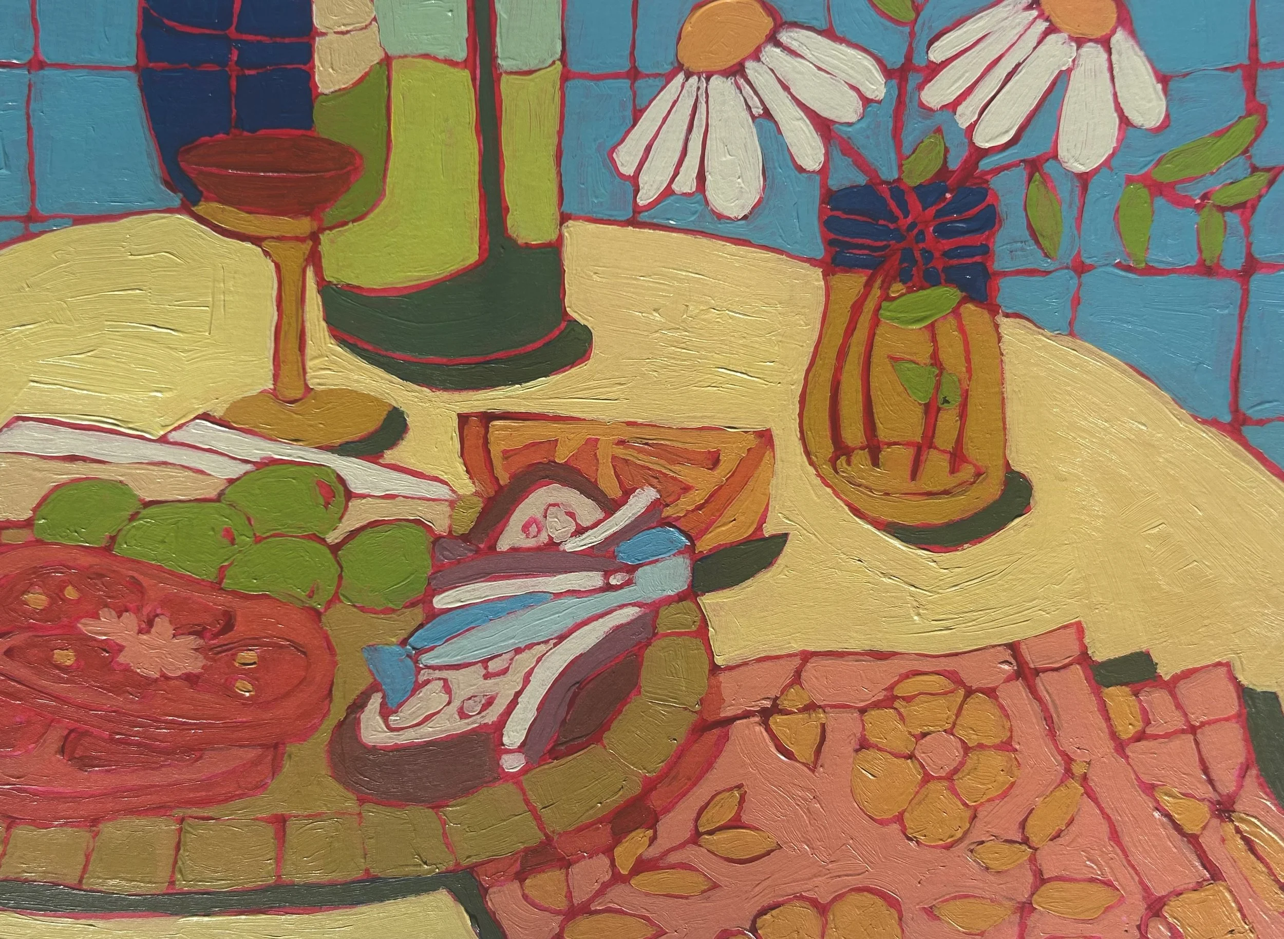 Hors d’oeuvres and Daisies, 8x6 in., acrylic on paper