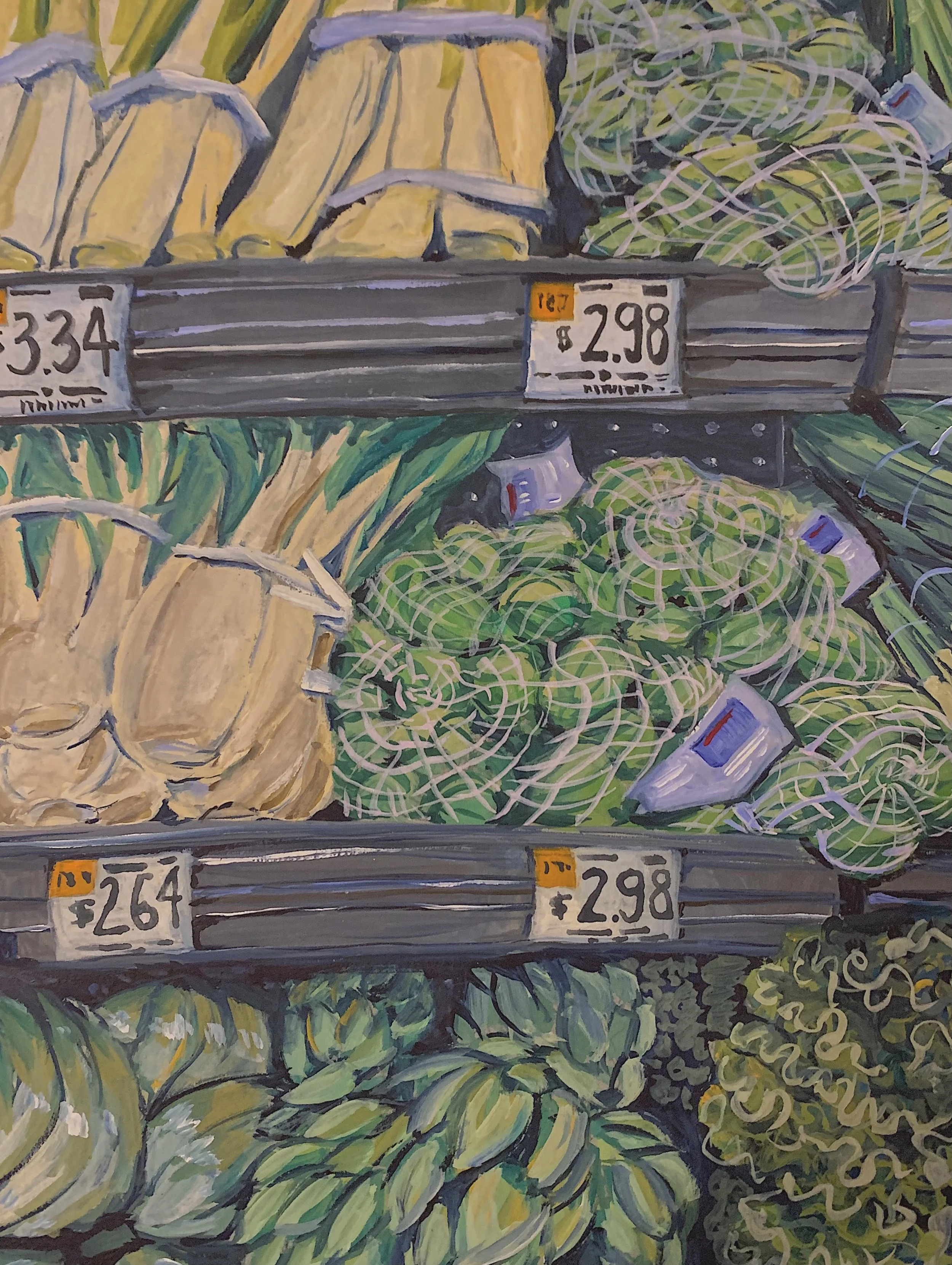 The Vegetable Aisle, 9x12 in., gouache on toned blue paper