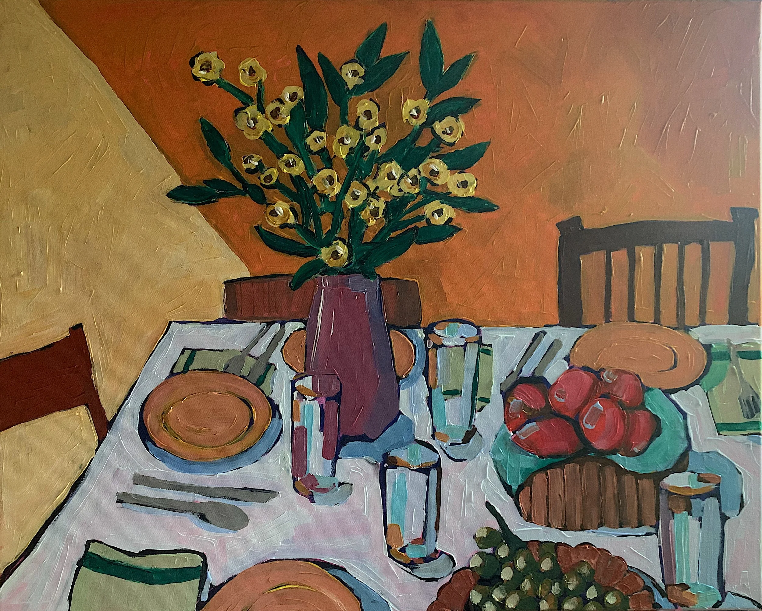 Flowers on the Dinner Table, 24x36, acrylic on canvas