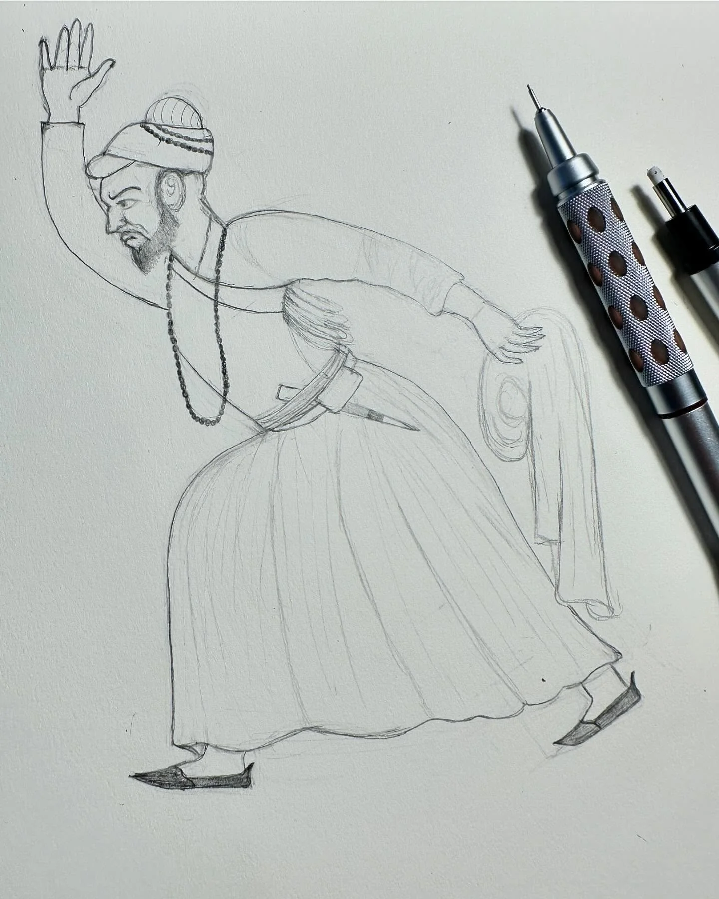 Sketched a pahari style figure. The pahari style was heavily influenced by the Mughal style of art and Nainsukh was the creative force behind Pahari art (it&rsquo;s believed that he trained at a Mughal court). Later in life, he established a new styl