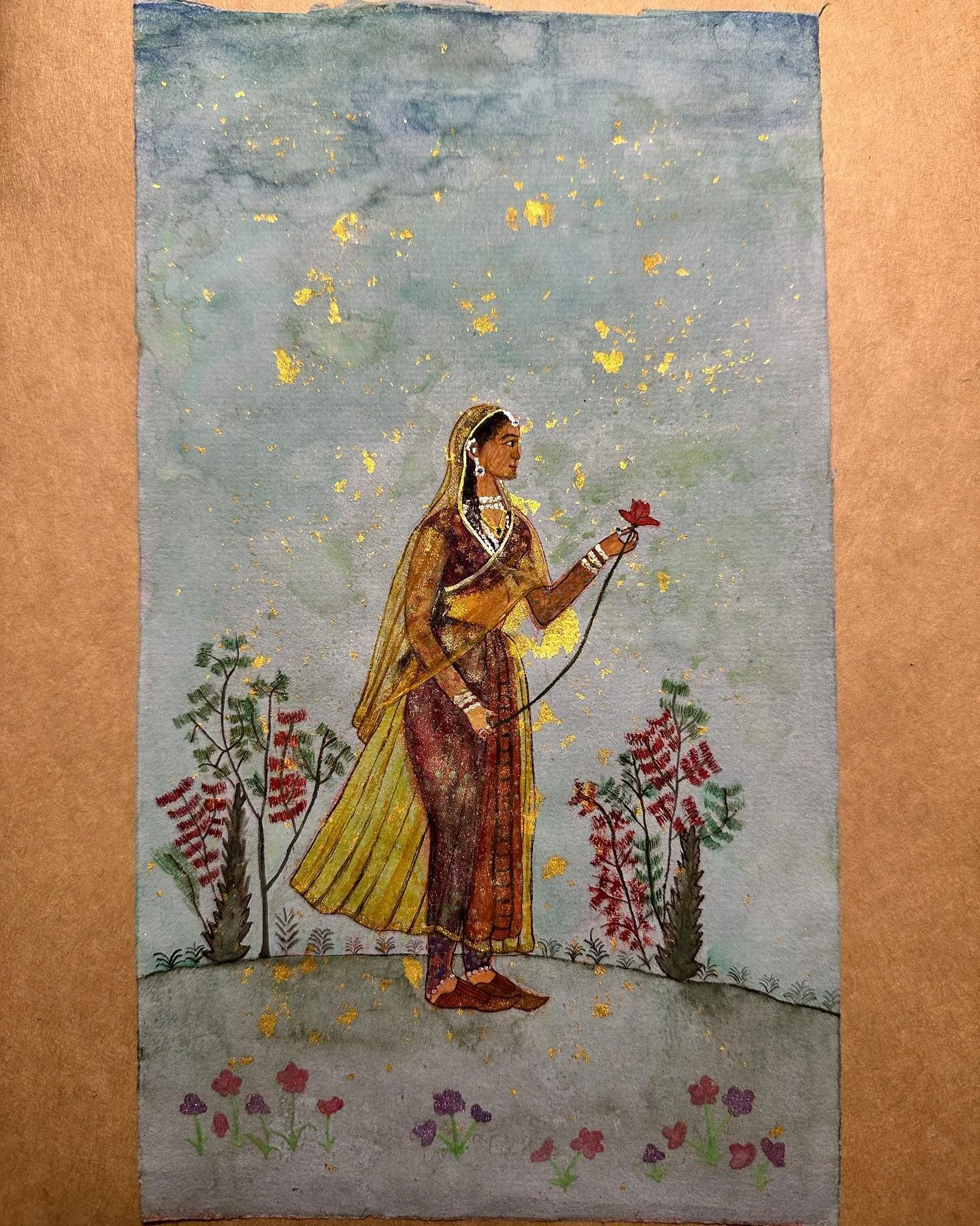 Finally sharing this piece of a Mughal Queen that was made as a birthday present! I&rsquo;ve had this handmade indigo-dyed paper for awhile. I burnished 24k gold onto it awhile ago and used natural pigments. This paper is not an easy medium to work o