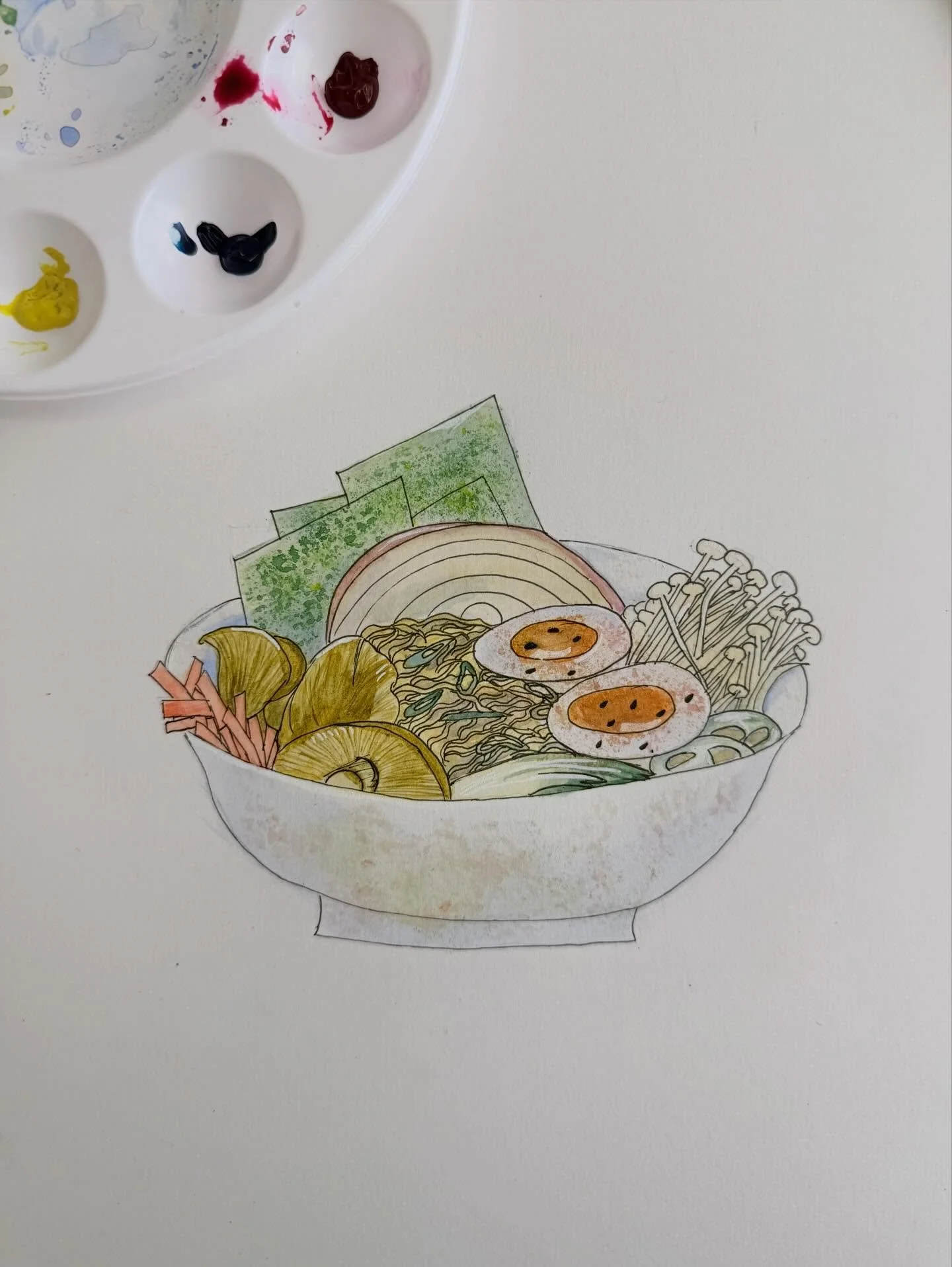 Not me romanticizing winter in late April against my will 😤. 40&deg; in late April is actually disrespectful, so I drew and painted this bowl of ramen because I apparently live in a perpetual soup-based climate. Why am I still wearing my wool coat i