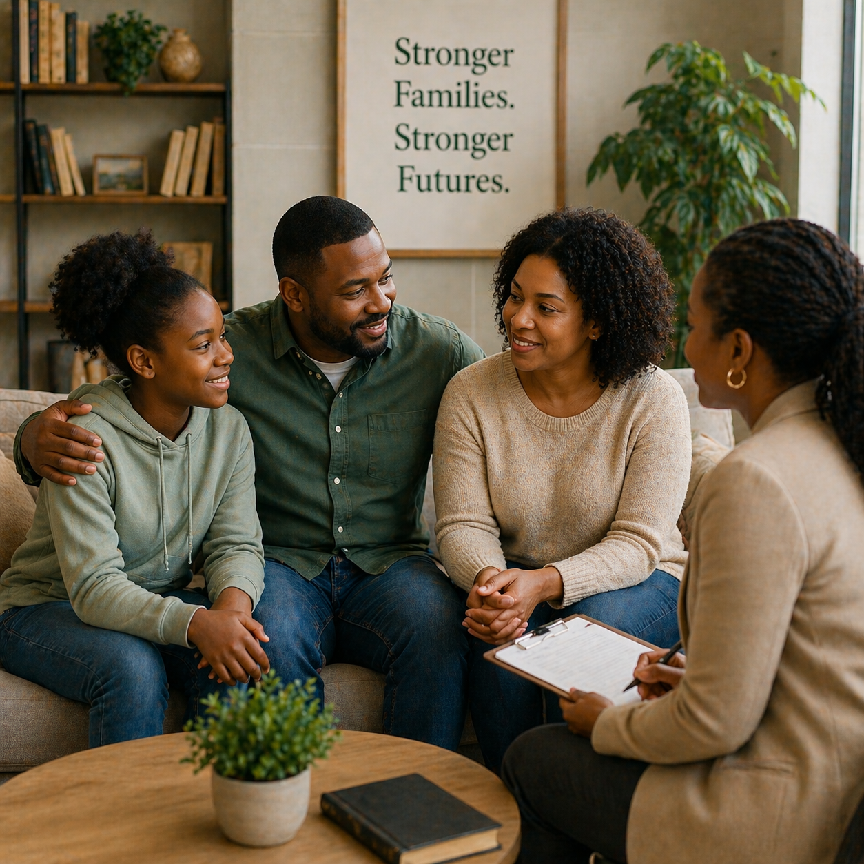 Family having a discussion with a counselor or therapist in a cozy office, with a sign on the wall that reads, 'Stronger Families. Stronger Futures.'
