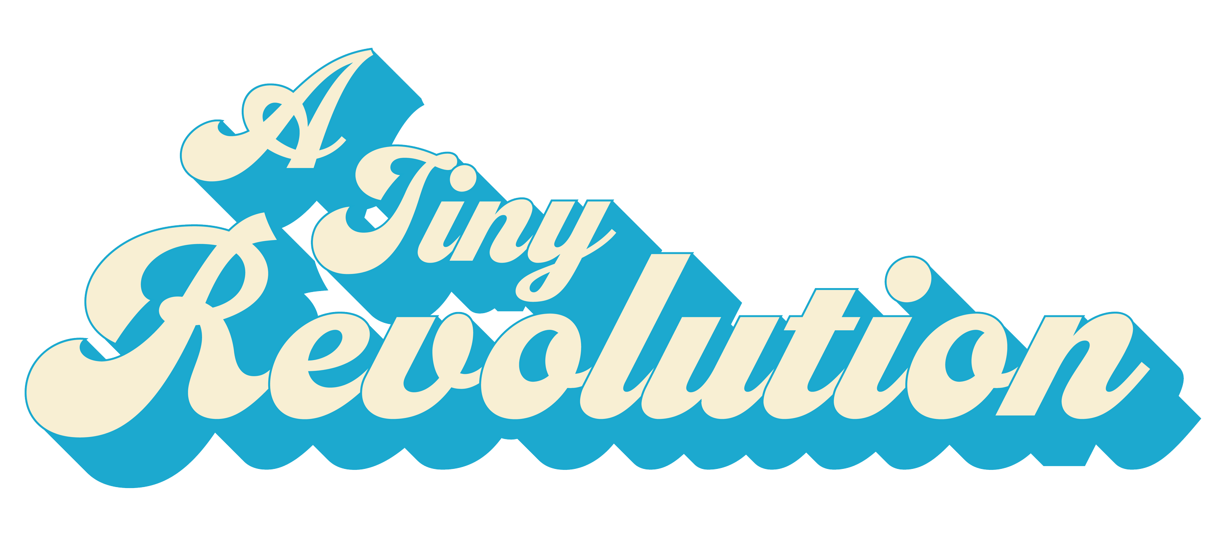 Stylized text reading 'The Tiny Revolution' in cream color with a blue background, angled diagonally.
