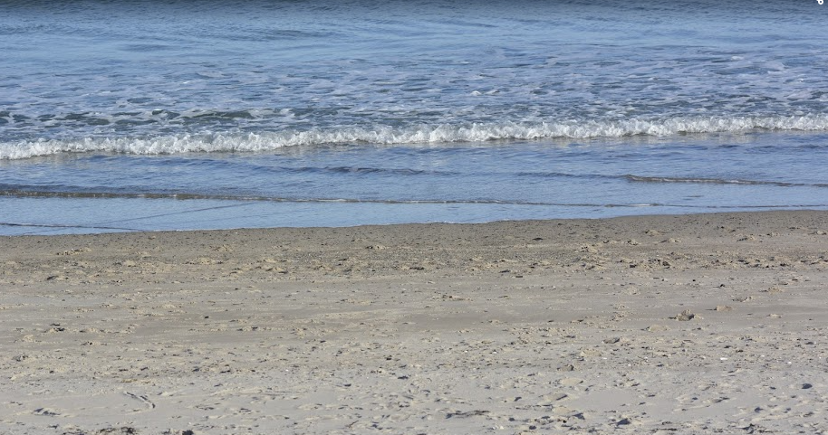An empty sandy beach with small waves coming to shore, blue ocean water, and clear sky.