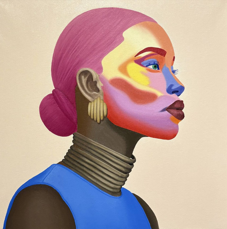 An artistic portrait of a woman with pink hair, vibrant makeup, gold earrings, multiple neck rings, and wearing a blue top.