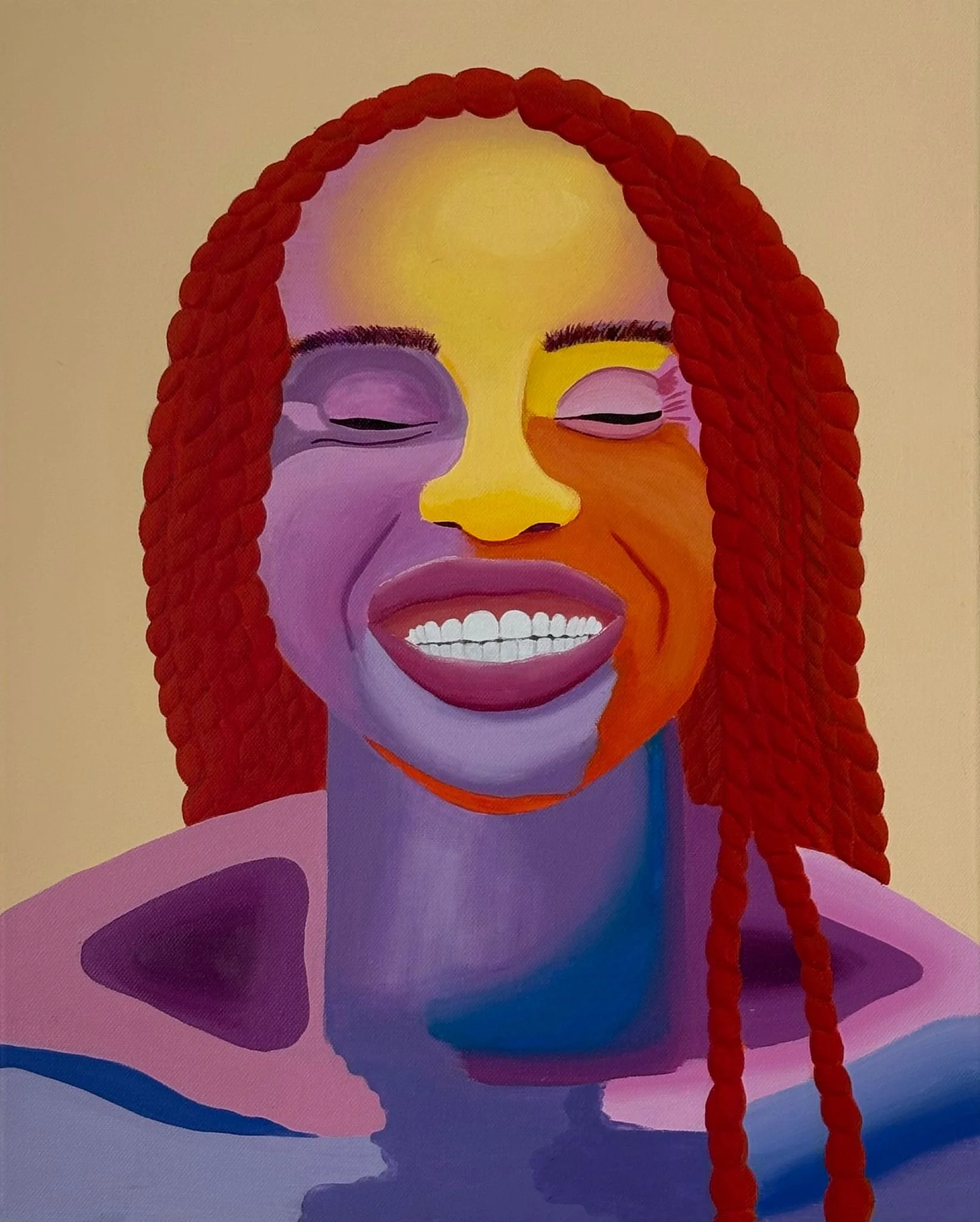 Colorful painting of a smiling woman with red braided hair, closed eyes, and a peaceful expression, set against an abstract background with purple, pink, and orange hues.